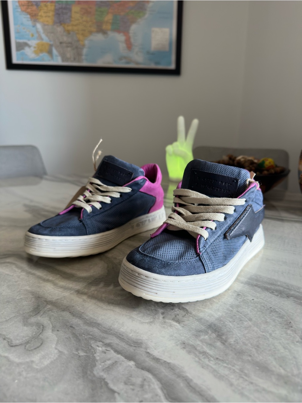 A.S.98 Alfie Blue Pink Perforated Leather Platform Sneakers - Picture 3 of 11
